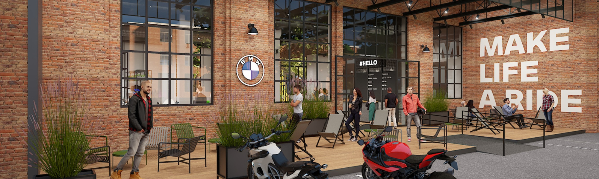 BMW Motorrad Welt: im Gebäude sieht man unterschiedliche Menschen, die sitzen oder stehen sowie verschiedene Motorräder.
